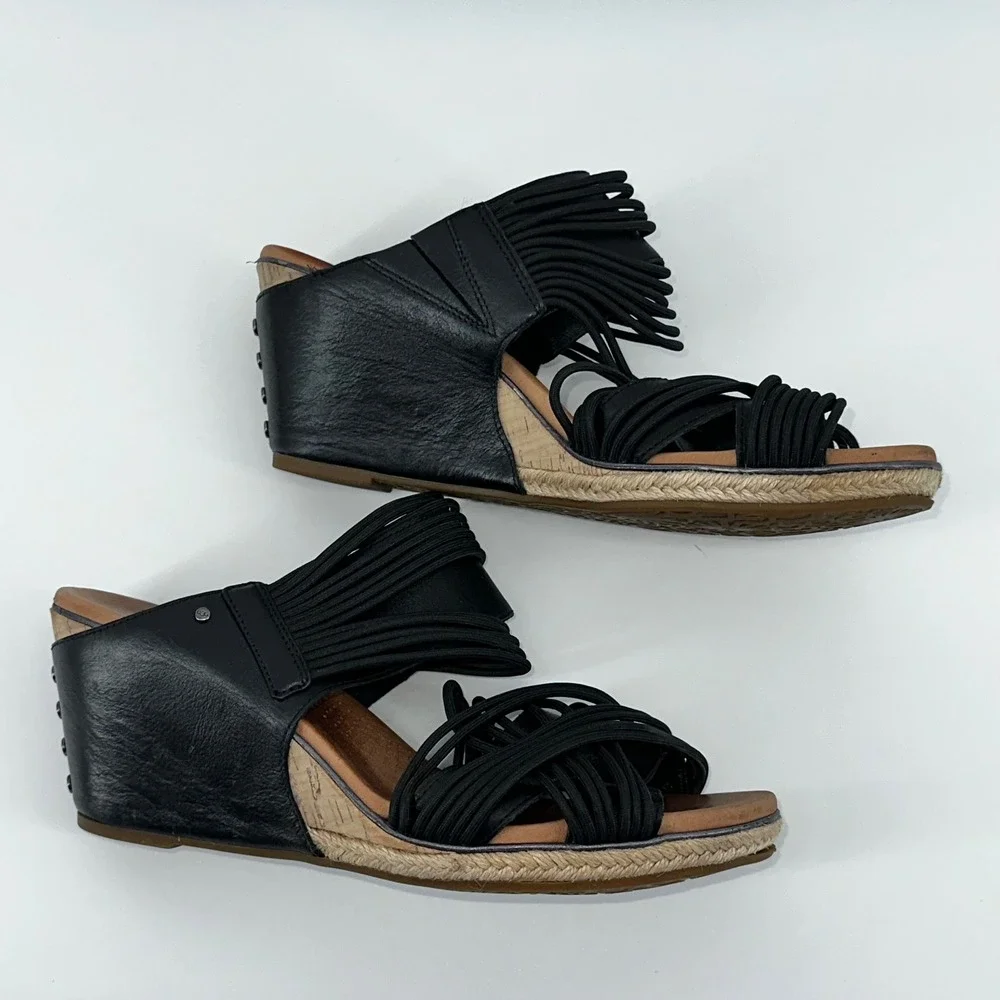 UGG Wedge Sandals Black Leather Strappy Studded Heel Casual Shoes‎  7 Hilarie